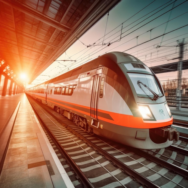 Trem de alta velocidade em movimento na estação ferroviária à luz do pôr-do-sol