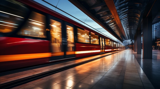 Trem de alta velocidade em movimento na estação ferroviária Fundo desfocado