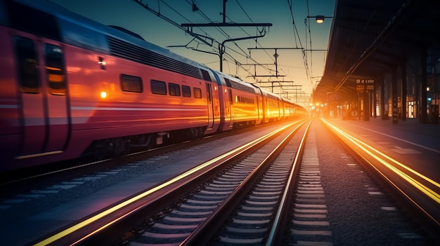 Trem de alta velocidade em movimento na estação ferroviária Fundo desfocado