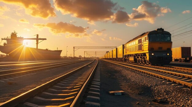 Trem de carga ao pôr-do-sol em trilha ferroviária com navio de carga no fundo