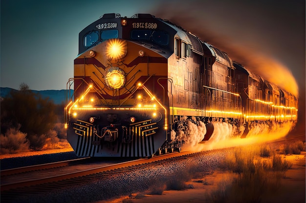 Foto trem de carga com locomotiva com luzes acesas corre ao longo dos trilhos