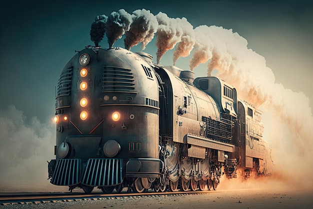 Trem de carga futurista do futuro com poderosa locomotiva com fumaça de chaminés criada com gene
