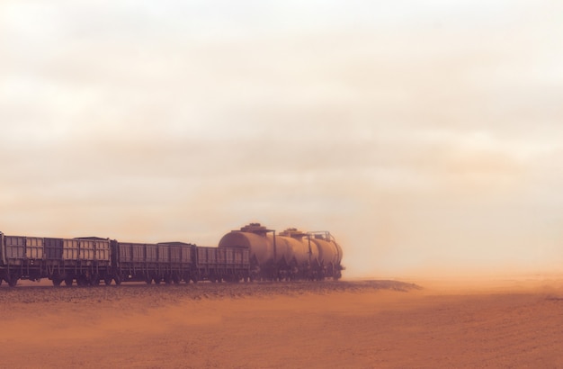 Trem de carga viaja pelo deserto do Namibe