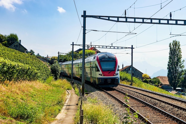 Trem de corrida na trilha de caminhada Vineyard Terrace de Lavaux, distrito de Lavaux-Oron, na Suíça