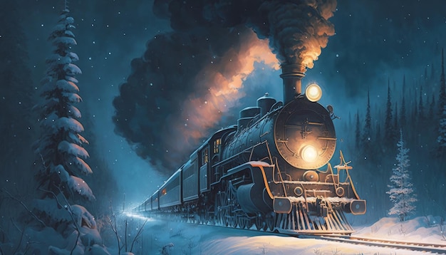 Trem de fantasia através de um deserto de inverno em uma IA generativa de noite escura e gelada