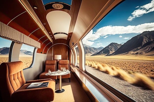 Trem de luxo com elementos de design elegantes e modernos passa por vistas panorâmicas