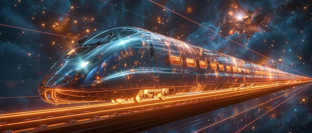 Trem de velocidade futurista se movendo na ferrovia no tema de fantasia do céu nocturno estrelado azul