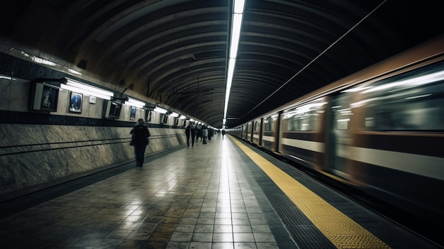 Trem do metrô na plataforma da estação do túnel subterrâneo do metrô com efeito de desfoque de movimento