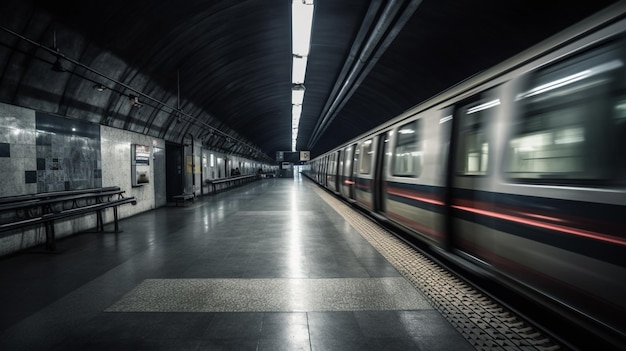 Trem do metrô na plataforma da estação do túnel subterrâneo do metrô com efeito de desfoque de movimento