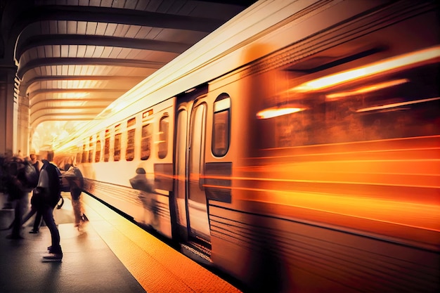 Trem em movimento na plataforma de uma estação de metrô à noite AI geradora