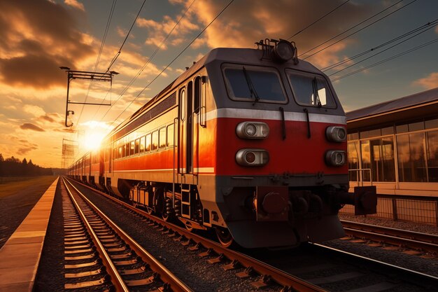 trem em movimento viajando nas trilhas no pôr do sol