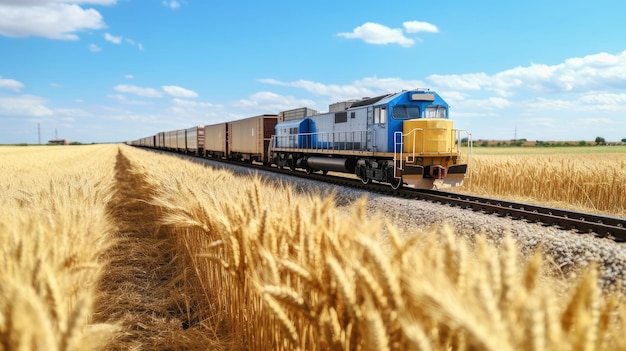 Trem ferroviário com vagões durante o transporte de trigo e grãos em close-up ao lado de um trigo