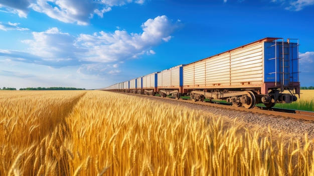 Trem ferroviário com vagões durante o transporte de trigo e grãos perto de um trigo