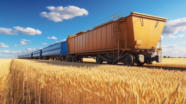 Trem ferroviário com vagões durante o transporte de trigo e grãos próximos a um campo de trigo