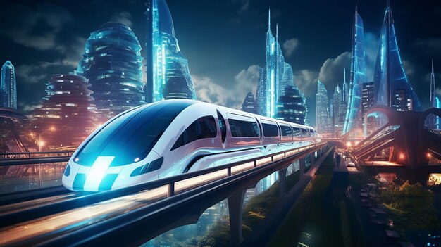 trem maglev em uma cidade futurista iluminada por néon