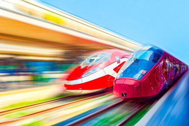 Foto trem moderno de passageiros de alta velocidade em movimento na estação ferroviária