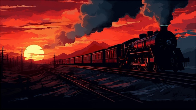 Trem na ferrovia ao pôr do sol Ilustração em vetor de um trem na ferrovia