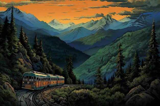 Trem nas montanhas ao pôr-do-sol ilustração para crianças ilustração