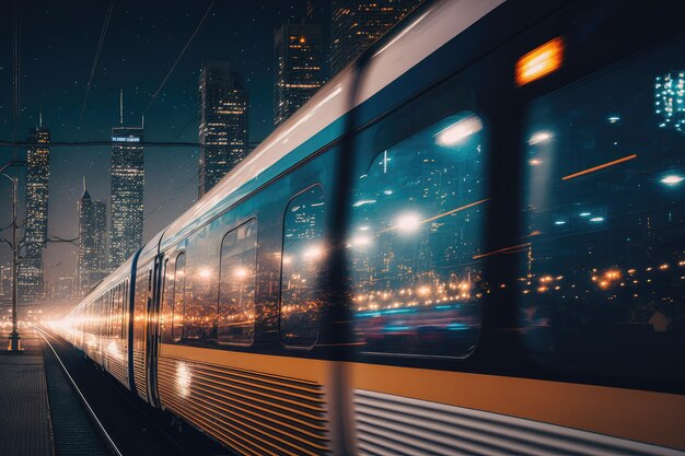 Trem passando pela paisagem urbana à noite com luzes e reflexos nas janelas