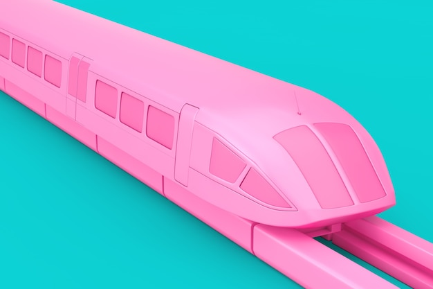 Trem rosa da periferia futurista de alta velocidade super no estilo Duotone sobre um fundo azul. Renderização 3D