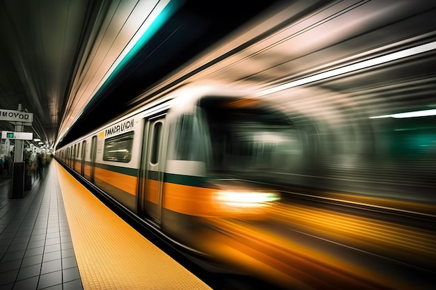 Trem subterrâneo para o túnel no desfoque de movimento da plataforma do metrô Rede neural AI gerada