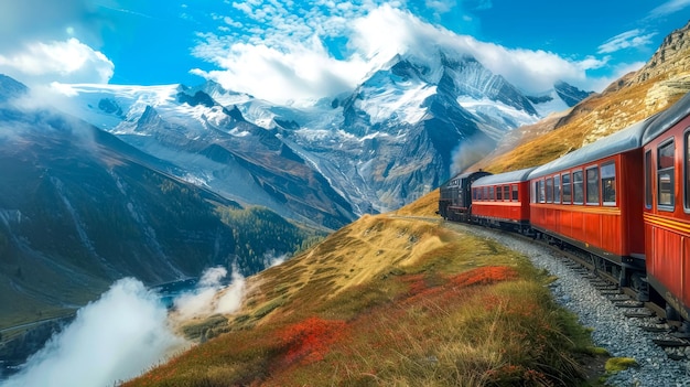 Trem vermelho vintage viajando por montanhas majestosas sob um céu cheio de nuvens
