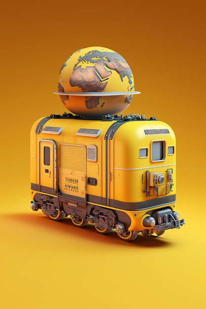 Trem viaja ao redor da terra em fundo amarelo