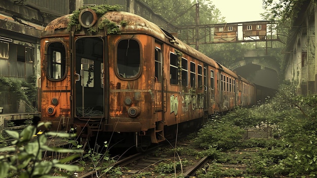 Tren abandonado oxidado cubierto de plantas en un túnel olvidado