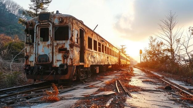 Foto tren abandonado en las vías del ferrocarril al atardecer en otoño