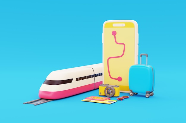 Tren de alta velocidad 3D con cámara de maleta para teléfono inteligente y pasaporte transporte global Turismo y concepto de viaje vacaciones vacaciones viaje en todo el mundo viaje representación 3d