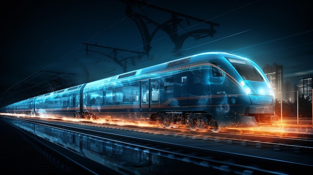 Tren de alta velocidad a alta velocidad en un fondo oscuro con luces brillantes