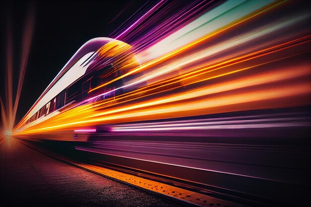 Foto tren de alta velocidad en la carretera por la noche con efecto de desenfoque de movimiento generativo ai