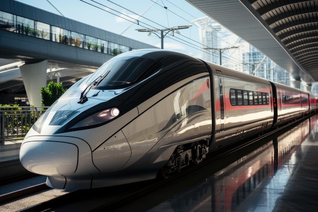 Tren de alta velocidad con cielo azul y reflejo generado por ai