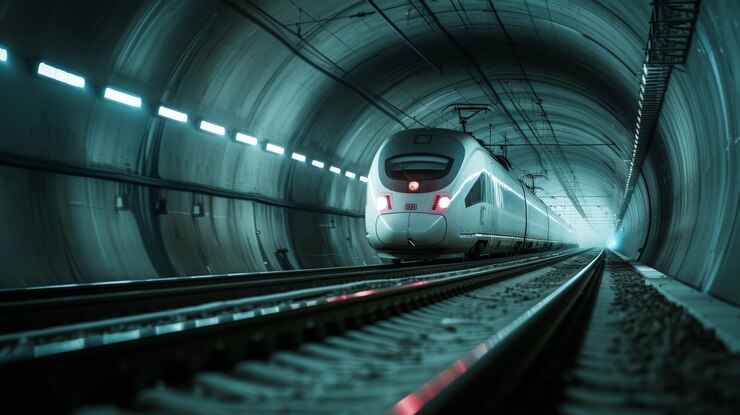Tren de alta velocidad corriendo dentro de un túnel oscuro faros en cables en la parte superior del tren dos vías ferroviarias paralelas de igual tamaño fotografía de alta calidad tomada con cámara de formato medio