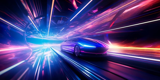 Tren de alta velocidad corriendo a través de un túnel futurista iluminado con luces de neón que evoca una sensación de movimiento y avance tecnológico. IA generativa.