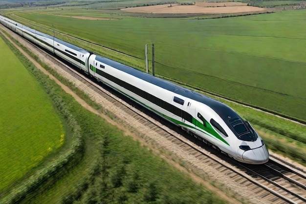 Foto el tren de alta velocidad se desliza a través de campos soleados capturando viajes modernos en medio de paisajes verdes