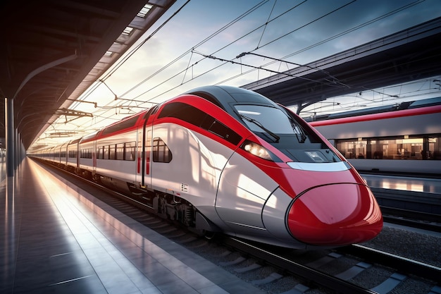 Tren de alta velocidad moderno rojo y blanco en una plataforma ferroviaria Plataforma de embarque en la estación de tren Transporte de alta velocidad