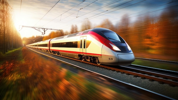 Tren de alta velocidad moviéndose a velocidad paisaje natural