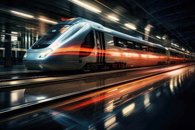 Tren de alta velocidad en movimiento en la estación de tren al atardecer Ilustración generativa de IA