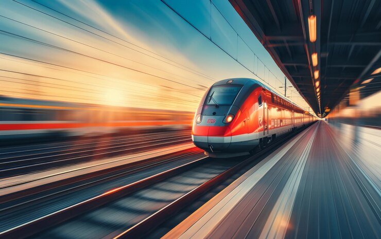 Tren de alta velocidad en movimiento en la estación de tren al atardecer Tren de pasajeros moderno en movimiento rápido en la plataforma de ferrocarril Ferrocarril con efecto de borrón de movimiento