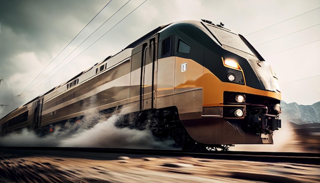 Tren de alta velocidad en movimiento en la estación de tren al atardecer Tren de pasajeros moderno en movimiento rápido en la plataforma ferroviaria