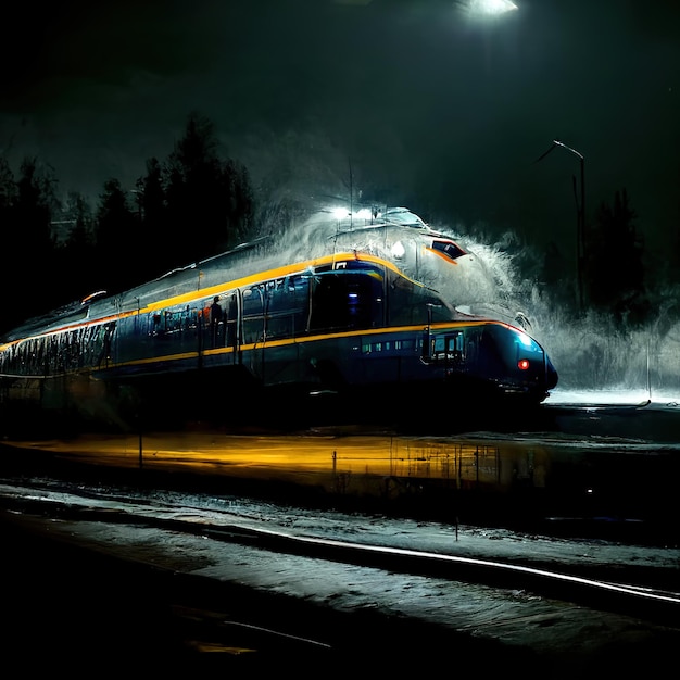 tren de alta velocidad por la noche con iluminación cambiante