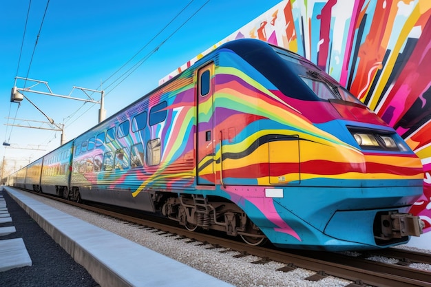 Foto el tren de alta velocidad pasa por una colorida pared de graffiti creada con ia generativa