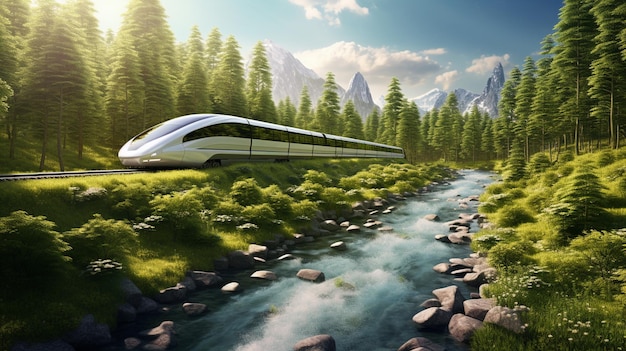 el tren de alta velocidad pasa a través de un bosque verde con una corriente natural que fluye transporte futurista