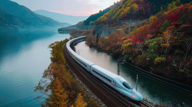 Un tren de alta velocidad que atraviesa un paisaje panorámico ejemplifica los viajes y la conectividad modernos