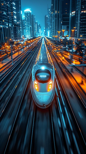 Foto tren de alta velocidad saliendo de la estación con un borrón de movimiento