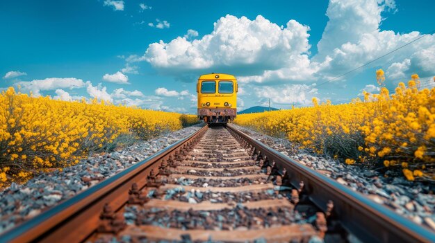 Foto el tren amarillo pasa por un campo de flores amarillas