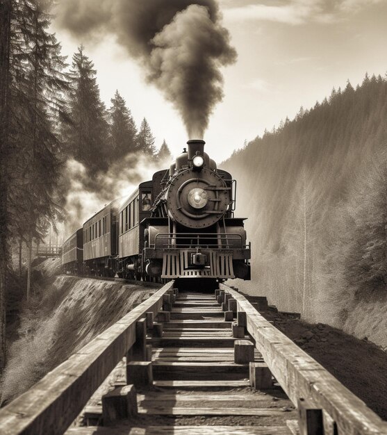 Foto tren arafed viajando por una vía con humo saliendo de ella