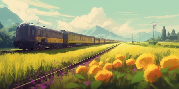 Un tren atraviesa un campo de flores y al fondo se ve una montaña.