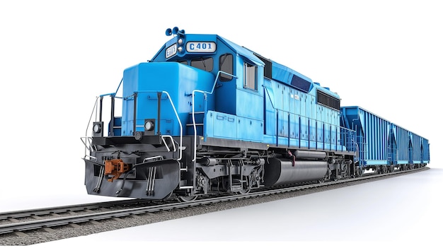 un tren azul con la palabra co en el frente está en el frente de él